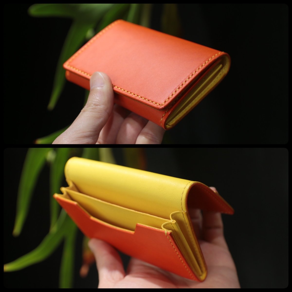ヌメ革オレンジ×染めイエロー名刺入れ