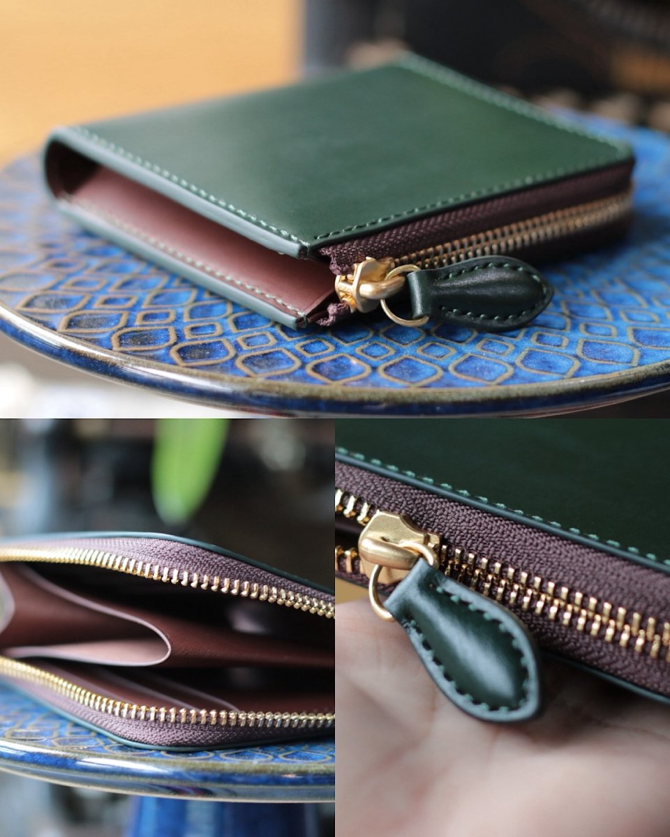 ブライドルレザーグリーンで制作したL字ファスナーミニウォレット